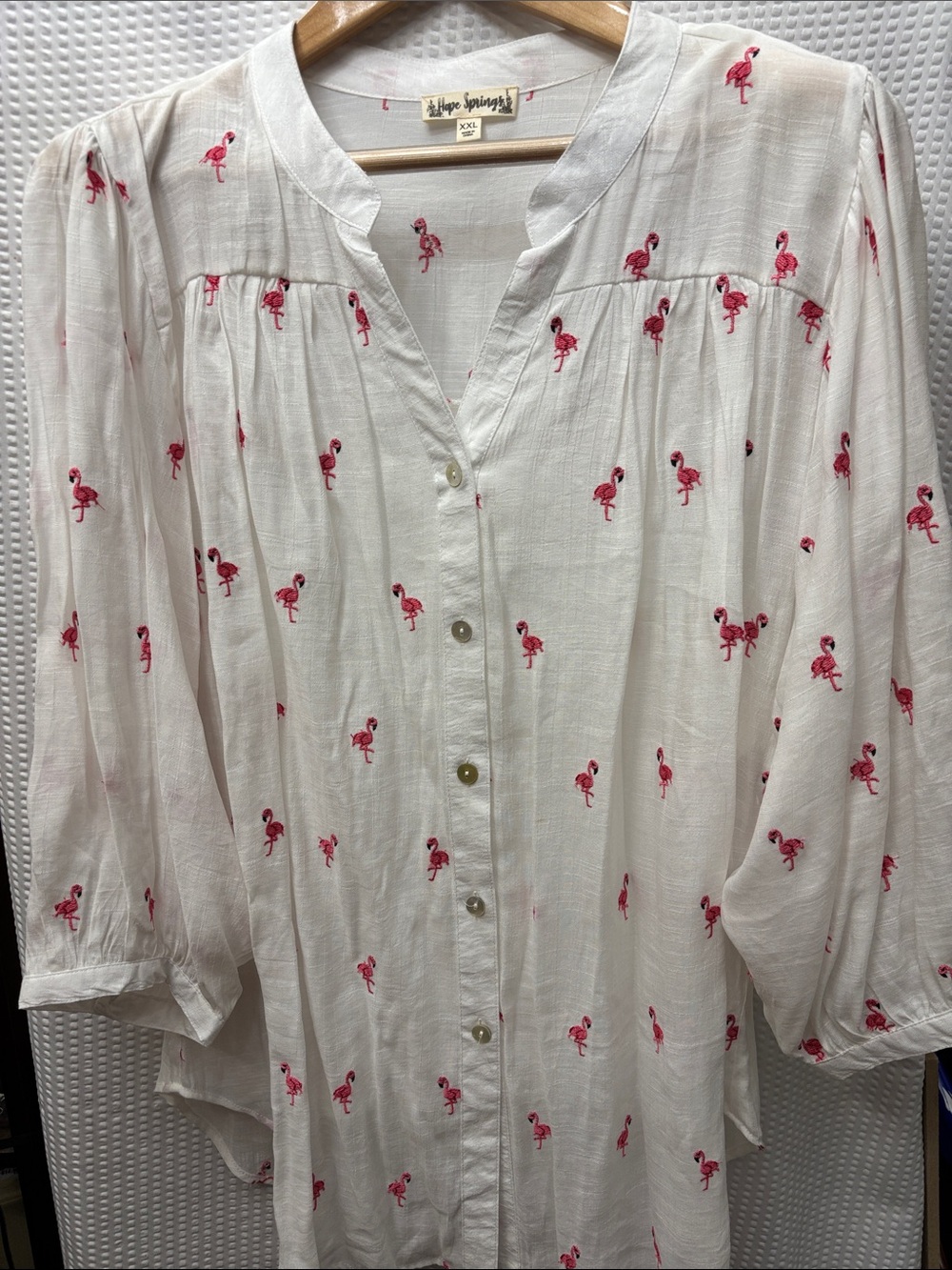 Hope Springs White Button-Front Blouse with Pink Flamingo Motif